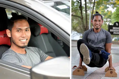 GEMBIRA BEKERJA: Encik Haaziq (gambar kiri dan kanan) memandu Uber untuk membiayai harga sewa kereta dengan kereta itu lebih kerap digunakan untuk membawa peralatan senaman setiap kali mengadakan kelas-kelas kecergasan, sesuatu yang sememangnya menjadi minatnya. - Foto-foto BM oleh M.O. SALLEH