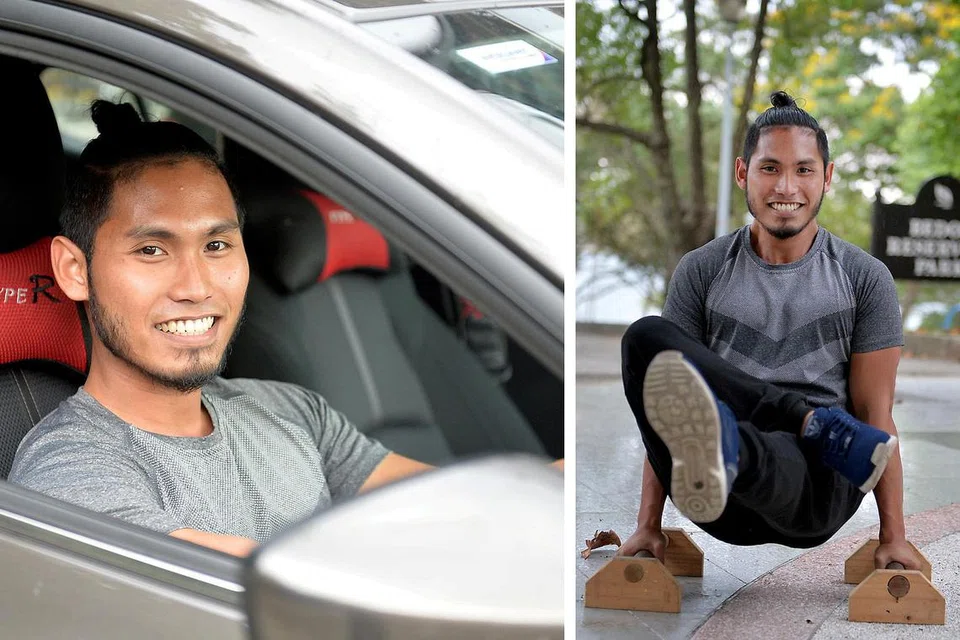 GEMBIRA BEKERJA: Encik Haaziq (gambar kiri dan kanan) memandu Uber untuk membiayai harga sewa kereta dengan kereta itu lebih kerap digunakan untuk membawa peralatan senaman setiap kali mengadakan kelas-kelas kecergasan, sesuatu yang sememangnya menjadi minatnya. - Foto-foto BM oleh M.O. SALLEH