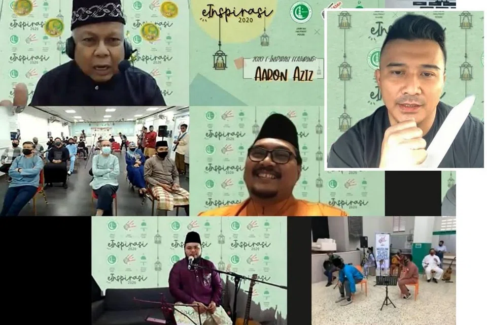 PERJUMPAAN DALAM TALIAN: Sebagai sebahagian daripada siri Inspirasi 'Dadah Itu Haram' (DIH), Aaron Aziz (gambar sisipan) memberi motivasi kepada penghuni rumah peralihan Pertapis dan Jamiyah. Acara itu dihoskan oleh Encik Husin Saaban (barisan pertama, kiri) dan dihadiri oleh Superintenden Saherly Limat, Timbalan Pengarah, Operasi, CNB (tengah) serta penyanyi tempatan Encik Nooraqmal (barisan ketiga, kiri). Turut serta ialah kakitangan rumah peralihan berkenaan. - Foto CNB