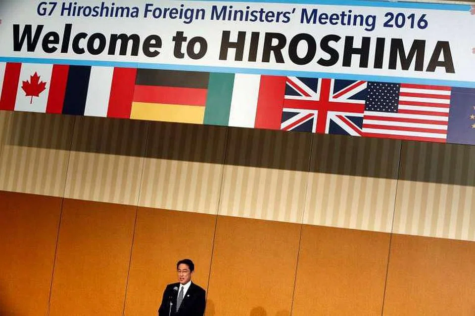 Menteri Luar Jepun, Encik Fumio Kishida, pada majlis perasmian Mesyuarat Menteri Luar G-7 di Hiroshima pada 10 April, 2016. 