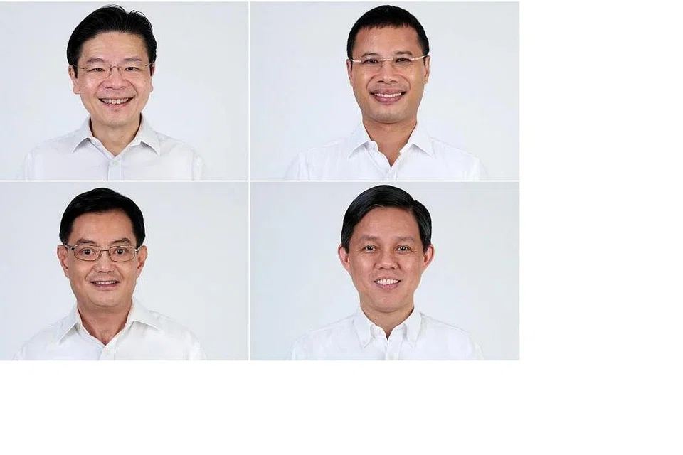 (Putaran jam dari kiri, atas) Encik Lawrence Wong, Encik Desmond Lee, Encik Chan Chun Sing dan Encik Heng Swee Keat. - Foto PAP 