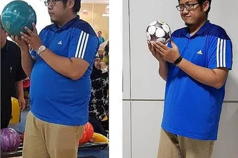 DULU DAN SEKARANG: Ustaz Muhammad Fakhrur Radzi menunjukkan perbezaan saiz badannya selepas menjalani diet menjaga pemakanan. - Foto ihsan USTAZ MUHAMMAD FAKHRUR RADZI