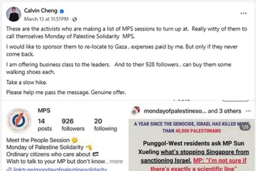 Sejak kejadian berkaitan dengan kehadiran dua wanita di Sesi Bertemu Penduduk (MPS) di Chong Pang bersama Menteri Ehwal Dalam Negeri merangkap Undang-Undang, Encik K. Shanmugam, Mantan Anggota Parlimen Dilantik (NMP), Encik Calvin Cheng, telah mengeluarkan catatan Facebook kontroversi mengenai isu Israel-Palestine, yang turut diikuti beberapa kenyataan Anggota Parlimen (AP). 
