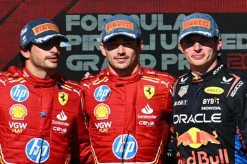 Tiga pemandu yang berakhir di podium pada perlumbaan Grand Prix Amerika Syarikat pada 20 Oktober – (dari kiri) Carlos Sainz, Charles Leclerc dan Max Verstappen. 