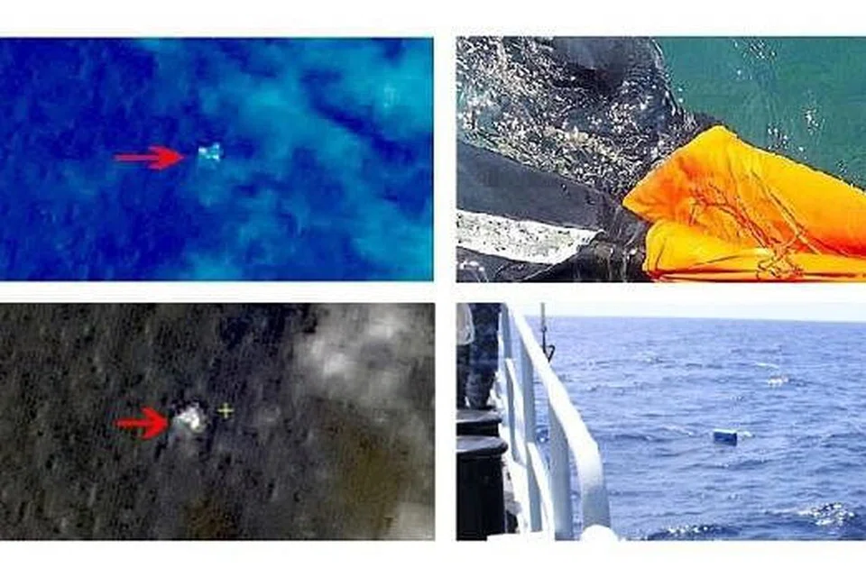 TINGGAL HARAPAN: Empat objek (dari kiri atas ikut putaran jam) - imej satelit dari China menunjukkan objek terapung di Laut China Selatan; sekumpulan nelayan menemui rakit di pantai Port Dickson; China mengutip objek daripada kapal perang Mianyang; dan gambar objek daripada pesawat Vietnam, terbukti tiada kaitan dengan dengan pesawat MH370.