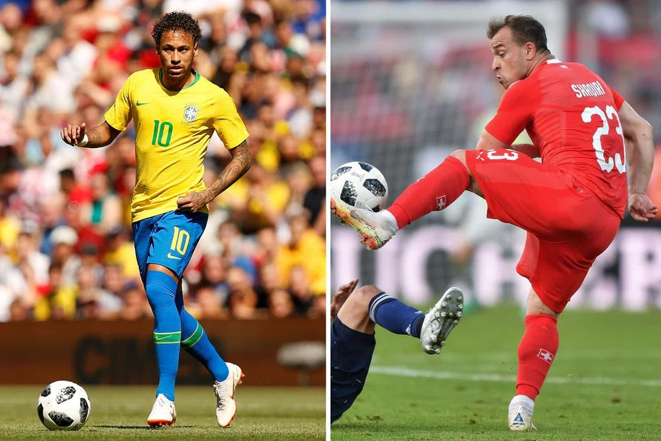 PIKUL HARAPAN NEGARA: Bintang penyerang Brazil, Neymar (jersi kuning), kini kembali pada tahap terbaiknya bagi menerajui cabaran pasukannya dalam usaha memenangi Piala Dunia buat kali keenam. Penyerang harapan Switzerland, Xherdan Shaqiri (jersi merah) pula menjadi pemain harapan pasukan negaranya apabila kededua pasukan itu berentap dalam perlawanan pembukaan mereka di Piala Dunia ini awal pagi esok. - Foto-foto REUTERS, AFP