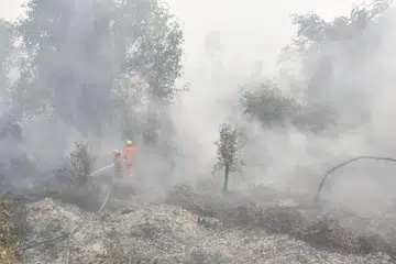 Anggota bomba memadam kebakaran hutan dan tanah di Banjar, Kalimantan Selatan, Indonesia, pada 21 September 2026. Jerebu akibat kebakaran yang melanda kawasan luas di Kalimantan dan Sumatera telah menyelubungi beberapa kawasan di Indonesia, Malaysia dan Singapura sejak beberapa minggu lalu, dengan asap dibawa angin merentasi rantau ini.