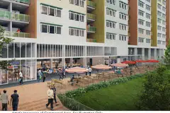 Lakaran artis bagi kawasan gerai runcit di dormitori di Tukang Innovation Lane di Jurong.