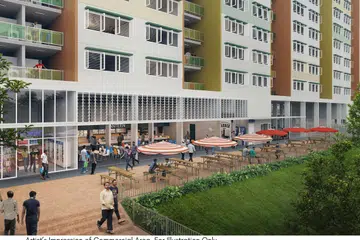 Lakaran artis bagi kawasan gerai runcit di dormitori di Tukang Innovation Lane di Jurong.