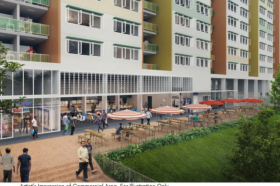 Lakaran artis bagi kawasan gerai runcit di dormitori di Tukang Innovation Lane di Jurong.
