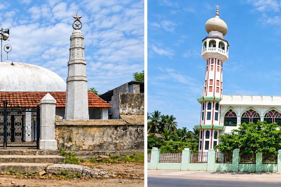 Masjid Kilur Nabi Pallivasal (kiri) dipercayai berusia sekitar 1,400 tahun, sementara Masjid Meera Palli dikatakan berumur sekitar 400 tahun. Kedua-duanya terletak di Porto Novo di Tamil Nadu, selatan India.