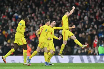 WIRA LIVERPOOL: Diogo Jota (paling kanan) meraikan gol keduanya bagi menjamin tempat Liverpool di final Piala Liga. Mereka akan bertemu Chelsea dalam final yang akan berlangsung di Wembley. - Foto AFP