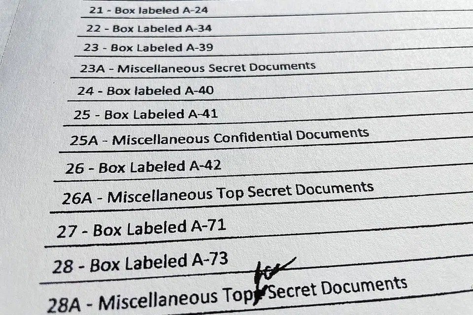 HASIL RAMPASAN: Senarai barangan yang ditemui dan dirampas penyiasat FBI semasa melakukan serbuan ke estet kediaman Encik Donald Trump di Mar-a-Lago, Florida, selepas dibentangkan oleh mahkamah persekutuan Amerika Syarikat pada 12 Ogos lalu. - Foto REUTERS 