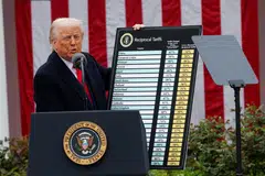 Presiden Amerika Syarikat, Encik Donald Trump, menyampaikan ucapan mengenai tarif timbal balik semasa acara di Rumah Putih di Washington, DC, pada 2 April. 
