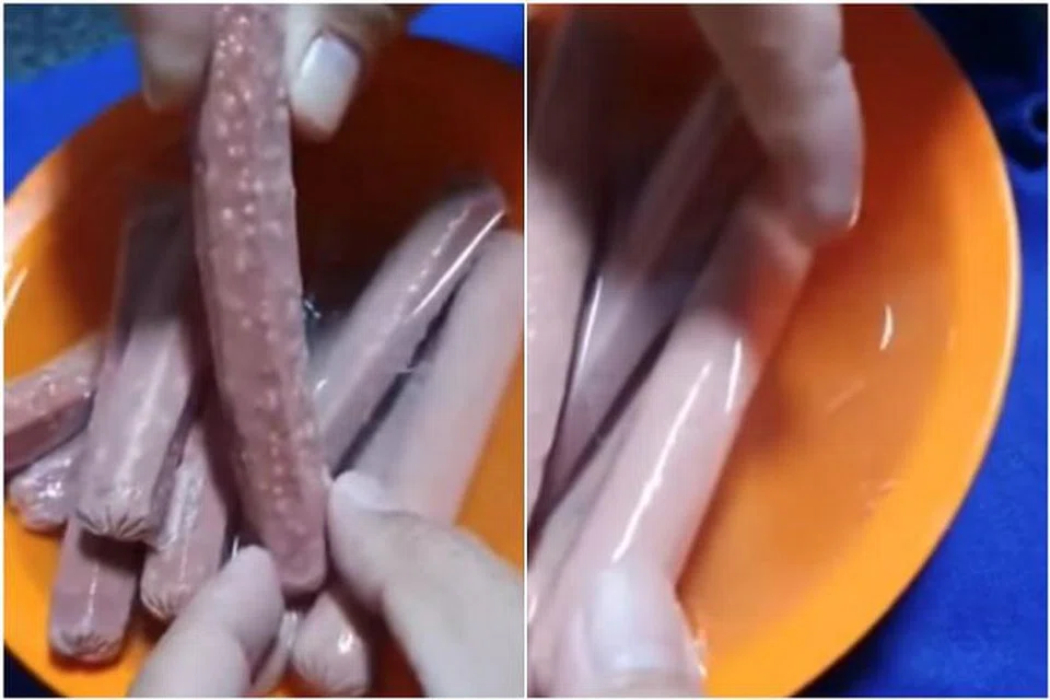 Dalam video yang dimuatkan, cacing putih dapat dilihat setelah sosej direndam dalam air. 