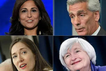 WAJAH KARYAWAN PILIHAN PRESIDEN DIPILIH: (Ikut putaran jam, dari kiri) Cik Neera Tanden dicalon untuk mengetuai Pejabat Pengurusan dan Belanjawan; Encik Jared Bernstein, sebagai anggota penasihat majlis ekonomi; Cik Janet Yellen, sebagai calon Setiausaha Perbendaharaan; dan, Cik Heather Boushey sebagai anggota penasihat majlis ekonomi. - Foto AFP