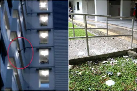 Seorang pembantu rumah berusia 32 tahun yang tinggal di blok yang sama berkata beliau melihat seorang lelaki membuang pelbagai barang termasuk barangan kaca dari tingkat sembilan Blok 64 Marine Drive pada 25 Jun 2018. 
