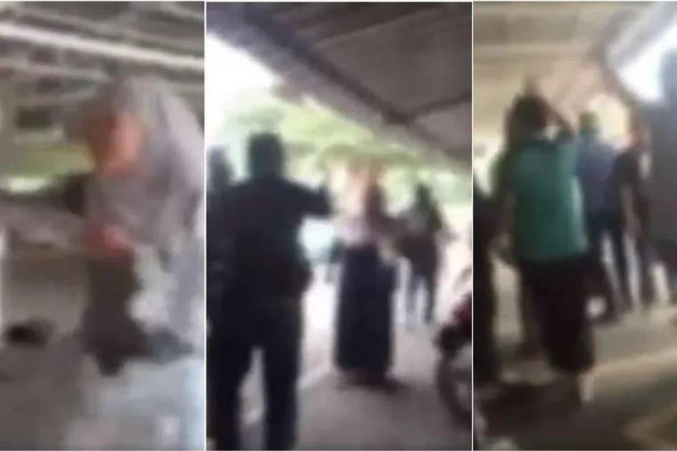 (Kiri) Bakal pengantin perempuan menarik tudung seorang wanita lain. (Tengah dan kanan) Keluarga pasangan bakal pengantin bergaduh di dalam masjid. 