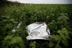 Serpihan dari pesawat penerbangan Malaysia Airlines MH17 yang terhempas berhampiran sebuahb kampung di Rozsypne di rantau Donetsk 18 Jul 2014.