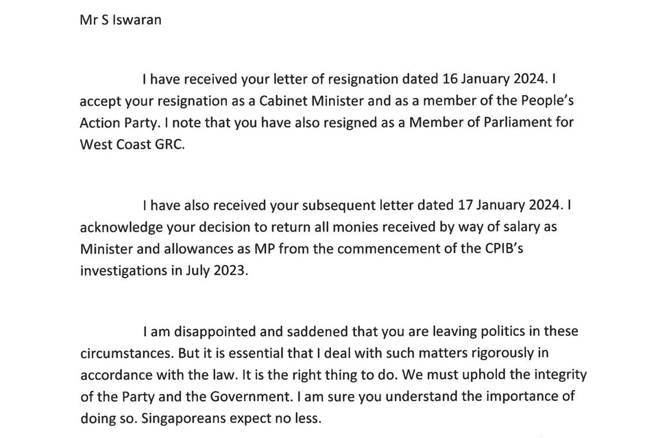 Surat Perdana Menteri, Encik Lee Hsien Loong kepada Encik S Iswaran