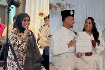 Noraniza Idris (kiri) membuat persembahan spontan di majlis perkahwinan Encik Syafiq Moklas dan Rahila Rashun (paling kanan).