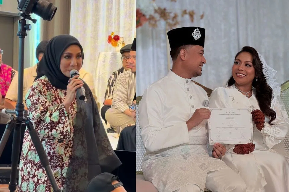 Noraniza Idris (kiri) membuat persembahan spontan di majlis perkahwinan Encik Syafiq Moklas dan Rahila Rashun (paling kanan).