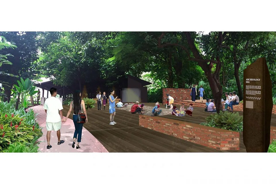 DIPERLUASKAN BAGI KEGIATAN INTERAKTIF: Lakaran pelukis bagi tapak baru pameran Penggalian Arkeologi yang juga menempatkan sebuah kebun dan lubang pasir bagi kegiatan menyerupai penggalian arkeologi sebenar. - Foto NPARKS