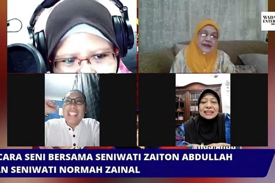 BICARA SENI: Sembang santai bersama 'orang lama' seperti seniwati Zaiton Abdullah (petak atas, kanan) dan seniwati Normah Zainal (petak bawah, kanan) menjadi sajian. - Foto WADAH SENI ENTERTAINMENT