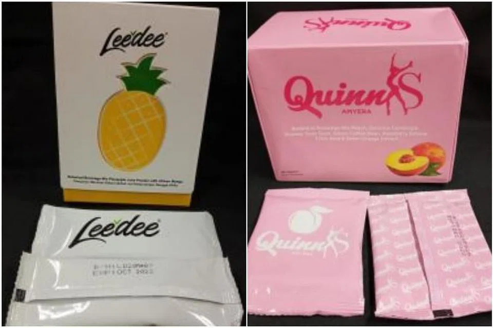 Leedee Botanical Beverage Mix Pineapple Juice Powder with African Mango dan Quinn S Amyera merupakan antara empat produk yang didapati mengandungi sibutramine, bahan haram yang boleh meningkatkan risiko serangan jantung dan strok. - Foto HSA