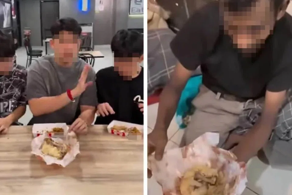 Tangkap layar video tular memaparkan tiga lelaki memberi nasi bersama tulang ayam kepada seorang gelandangan.