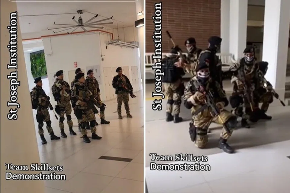 Satu keluarga lima beradik membuat pertunjukan taktikal kepada pelajar Pasukan Kadet Kebangsaan (NCC) sekolah tempatan pada 21 Oktober 2023.