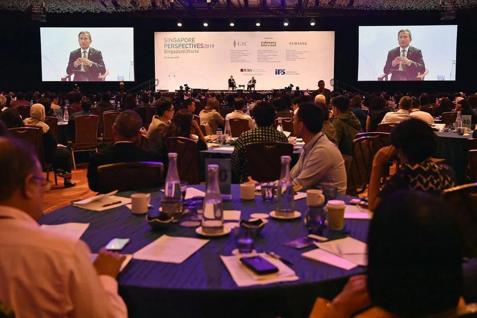 SERTAI SIDANG: Sekitar 1,200 peserta hadiri sidang Perspektif Singapura 2019: Singapura.Dunia di Marina Bay Sands semalam. - Foto BH oleh CHONG JUN LIANG