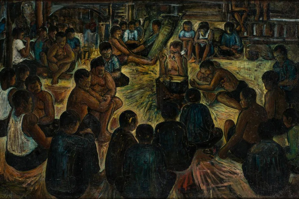 Wee Kong Chai, ‘Storyteller’, 1962. Cat minyak di atas kanvas, 71 x 124 cm. Koleksi Galeri Nasional Singapura.