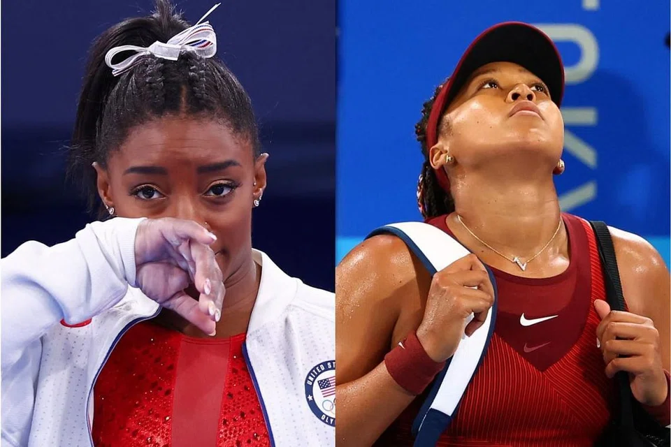 UTAMAKAN KESIHATAN MENTAL: (Kiri) Simone Biles dari Amerika Syarikat mengejutkan dunia apabila beliau menarik diri daripada acara gimnastik atas sebab kesihatan mentalnya. (Kanan) Naomi Osaka, yang dijangka akan menang pingat emas untuk Jepun, terkandas di pusingan ketiga perseorangan wanita tenis. - Foto-foto REUTERS 