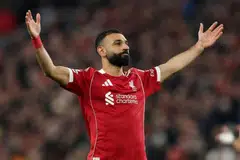Mohamed Salah meraikan jaringan gol ketiga Liverpool ketika menentang Qarabag dalam perlawanan Liga Juara Juara Uefa di Anfield, Liverpool, pada 28 Januari 2026.