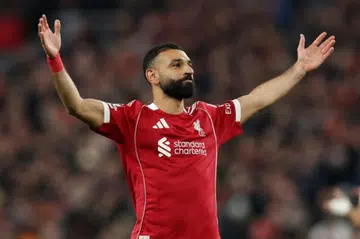 Mohamed Salah meraikan jaringan gol ketiga Liverpool ketika menentang Qarabag dalam perlawanan Liga Juara Juara Uefa di Anfield, Liverpool, pada 28 Januari 2026.