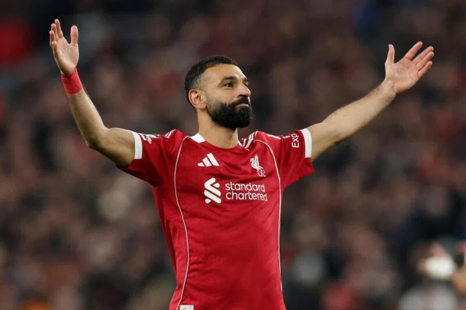 Mohamed Salah meraikan jaringan gol ketiga Liverpool ketika menentang Qarabag dalam perlawanan Liga Juara Juara Uefa di Anfield, Liverpool, pada 28 Januari 2026.