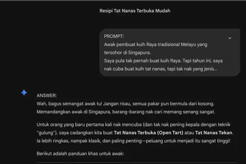 Arahan yang dimasukkan penulis kepada alat AI untuk mendapatkan resipi kuih tart nanas bagi percubaan pertama membuatnya.