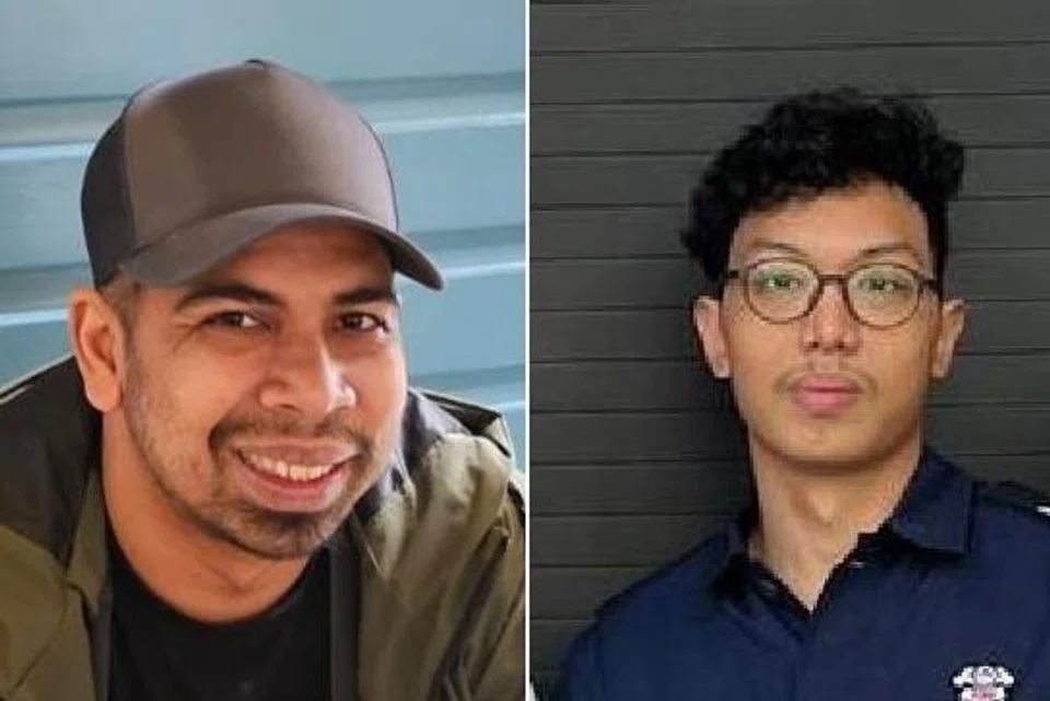 Encik Fahil Ashraff (kiri) yang membantu memadamkan api dengan menggunakan paip air bomba yang dikeluarkan oleh Encik Iqmal Hafiz Othman (kanan).