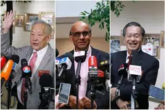 TIGA PENJURU: Encik Ng Kok Song, Encik Tharman Shanmugaratnam dan Encik Tan Kin Lian disahkan sebagai calon setelah berjaya memfailkan kertas pencalonan mereka pada Selasa.