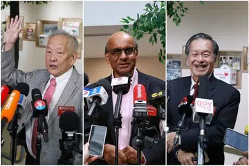 TIGA PENJURU: Encik Ng Kok Song, Encik Tharman Shanmugaratnam dan Encik Tan Kin Lian disahkan sebagai calon setelah berjaya memfailkan kertas pencalonan mereka pada Selasa.