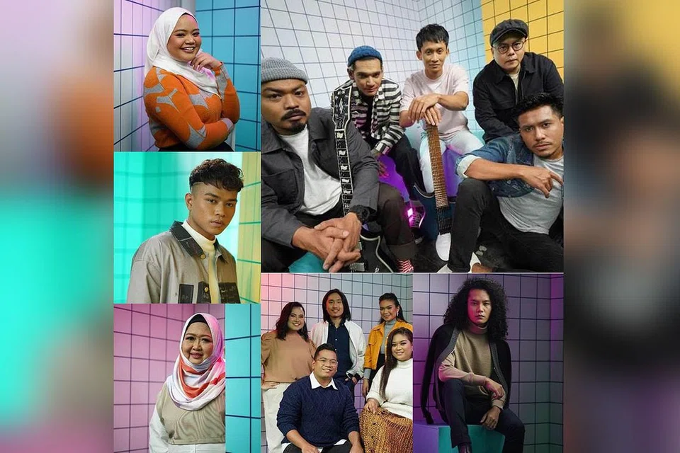 KERENCAMAN MENANTI DI 'ANUGERAH': Peserta solo dan kumpulan, (dari kiri atas, mengikut putaran jam), Azra Zulaikha, kumpulan Saát, Ibnur Aliff (Raliff) Ismail, kumpulan Awwcappella, Meeda Zainal dan Muhammad Andri Darwisy, bakal membuka tirai peraduan pada 8.30 malam di Suria, Selasa depan. - Foto-foto MEDIACORP SURIA