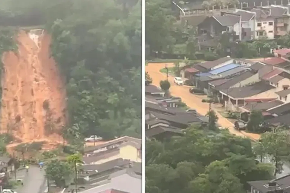Keadaan tanah runtuh setinggi 30 meter berhampiran kawasan perumahan di Taman Melawati, Hulu Klang, Selangor, akibat hujan lebat pada 15 Oktober.