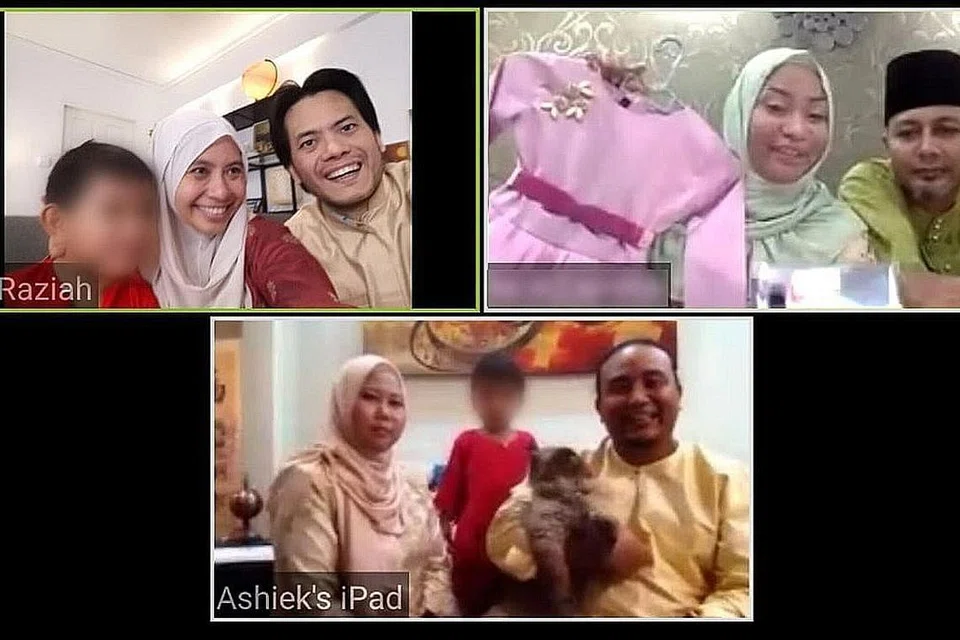 RIANG BERSAMA: Walaupun tidak dapat berkumpul tahun ini bersama keluarga besar, kembar Encik Mohammad Asiek Ashari (gambar bawah kanan) dan Cik Nurasikin Ashari (gambar atas kiri) tetap bahagia dapat 'bertemu' semasa sekatan pergerakan ini. Gambar atas kiri ialah Siti Raziah dengan suaminya Faris Woo. - Foto ihsan SITI RAZIAH RAFFEE