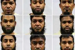 DITAHAN BAWAH ISA: (Barisan atas dari kiri) Alam Khurshed, 27; Alam Mahabub, 34; Ali Abdul, 40. (Barisan tengah) Ali Md Ashraf, 33; Alim Abdul, 32; Aminur, 31. (Barisan bawah) Golam Jilani Abdur Rouf, 27; Haque Md Mofazzal, 29; Hasan Md Mahmudul, 30. - Foto MHA