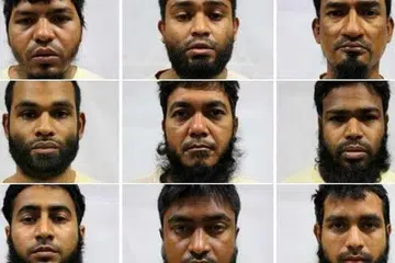DITAHAN BAWAH ISA: (Barisan atas dari kiri) Alam Khurshed, 27; Alam Mahabub, 34; Ali Abdul, 40. (Barisan tengah) Ali Md Ashraf, 33; Alim Abdul, 32; Aminur, 31. (Barisan bawah) Golam Jilani Abdur Rouf, 27; Haque Md Mofazzal, 29; Hasan Md Mahmudul, 30. - Foto MHA