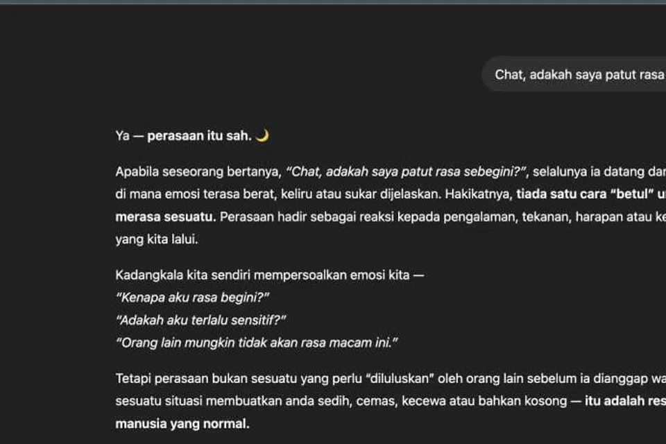 Ramai kini mencari ruang untuk meluahkan perasaan secara digital, termasuk melalui wadah ChatGPT. 