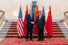 (From left) US Secretary of Treasury Scott Bessent and Chinese Vice-Premier He Lifeng shake hands as they pose for a photo during trade discussions at the Lancaster House in London, Britain, June 9, 2025. 