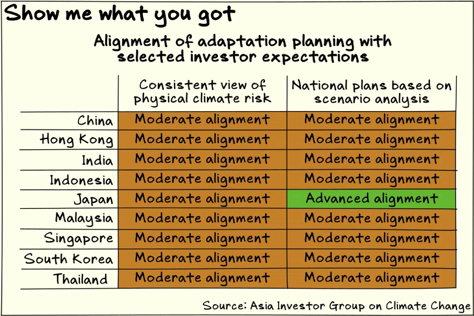 Most major markets in Asia lack consistent climate adaptation plans, says a prominent climate-focused investor group.