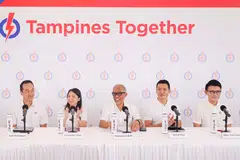 The Tampines GRC team comprises (from left) Senior Minister of State for Manpower Koh Poh Koon; new face Charlene Chen; Minister for Social and Family Development Masagos Zulkifli; new face David Neo; and Senior Parliamentary Secretary for Transport Baey Yam Keng.